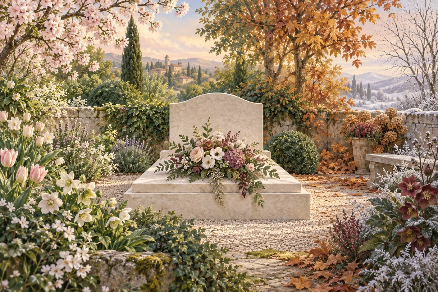 Illustration d’une sépulture fleurie dans un jardin évoquant les quatre saisons